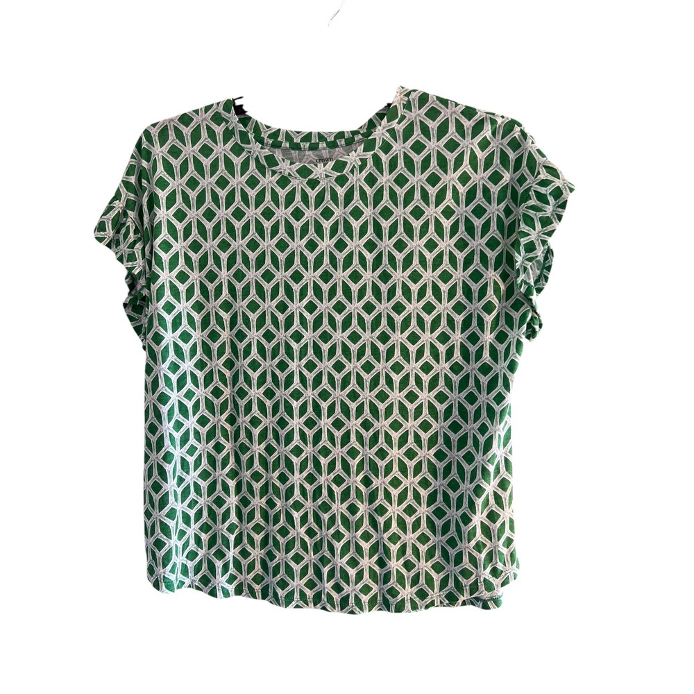 Crown & Ivy Green White Geometric Diamond Ruffle Flutter Sleeve Top Large